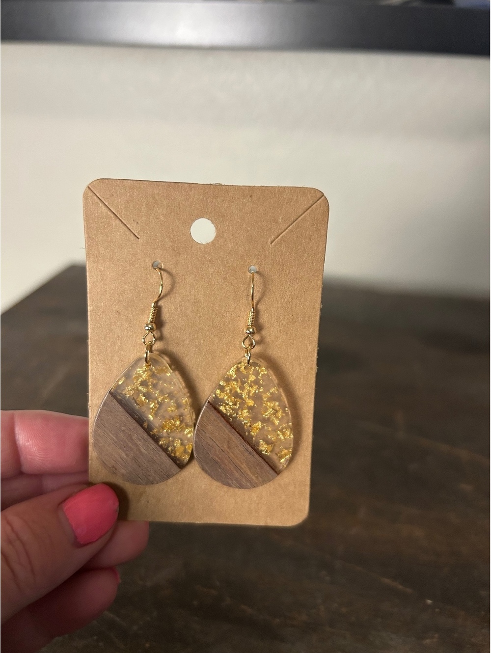 Handcrafted Resin and Wood Teardrop Dangle Earrings